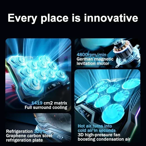 Imagen 2 del producto Enfriador para Laptop Gamer D11, 10 Ventiladores, Plegable, Ajustable, Soporte para Portátil, Disipador de Calor para Laptops de 12-18'', Base de Enfriamiento con Luz RGB