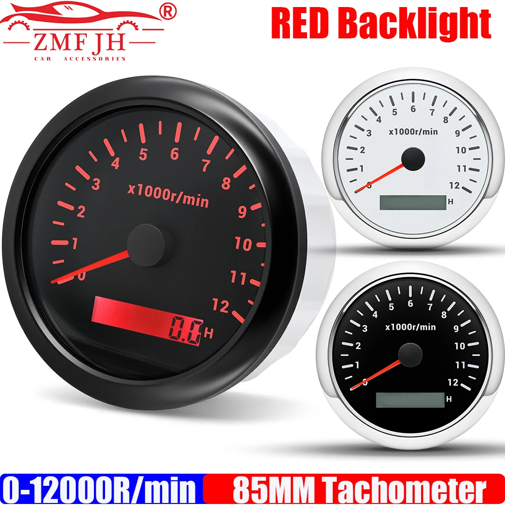 

ZMFJH 0-12000R/min 85MM Tachometer with Hourmeter Red Backlight RPM Meter Tacho Gauge for 4-12 Cylinder Marine Boat Yacht 12V24V