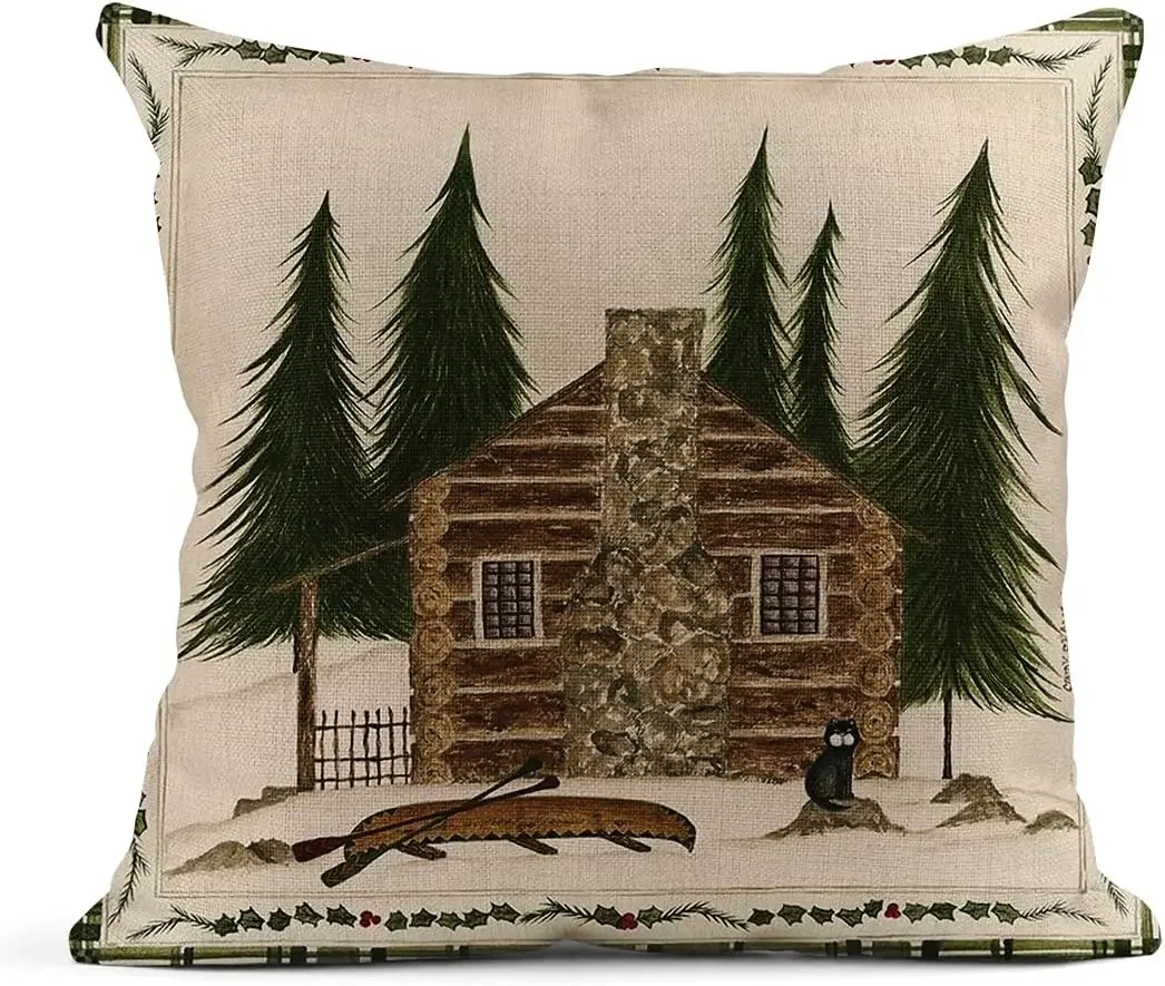 Linen Pillow Cover Winter Moose Creek Bear Mountain Home Decoration Pillowcase Sofa Bed Square Cushion Cover 40X40cm