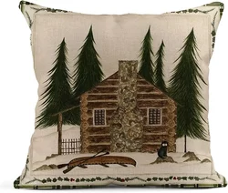 Linen Pillow Cover Winter Moose Creek Bear Mountain Home Decoration Pillowcase Sofa Bed Square Cushion Cover 40X40cm