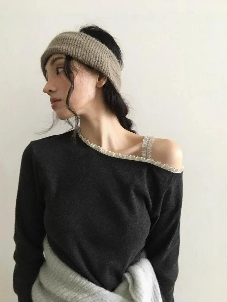 

Весенняя женская футболка с кружевными вставками в стиле Дондэмун, винтажный топ с открытыми плечами, приталенный, для повседневной носки, с длинным рукавом