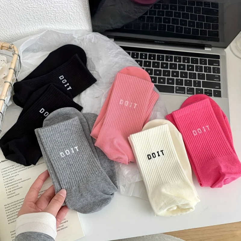 5 pairs solid color slip yoga letter socks mid tube Active wear Essentials Fitness Sports Wear Casual Durable Antislip