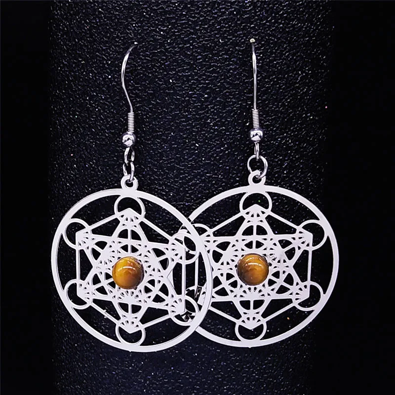 Boho Tiger Eye Metatron Tree Flower of Life Hamsa Hand Sacred Geometry Earring Stainless Steel Natural Stone Earrings Jewelry