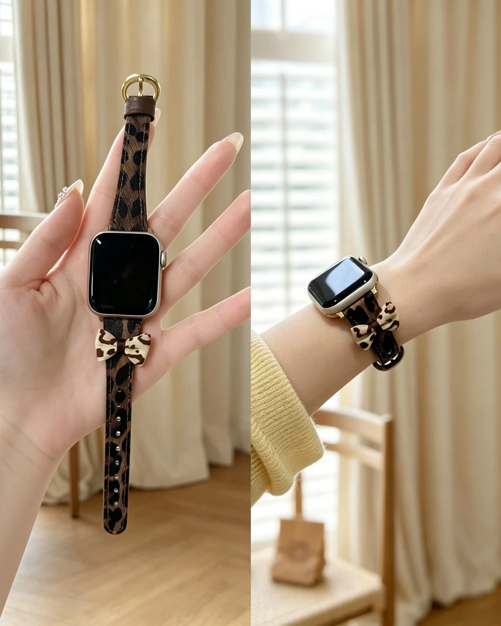 Bow Leopard Print Leather Loop Strap For Apple Watch Band Correa Women S12 11 10 9 8 38mm 40mm 41mm 42mm 44mm 45mm 49mm