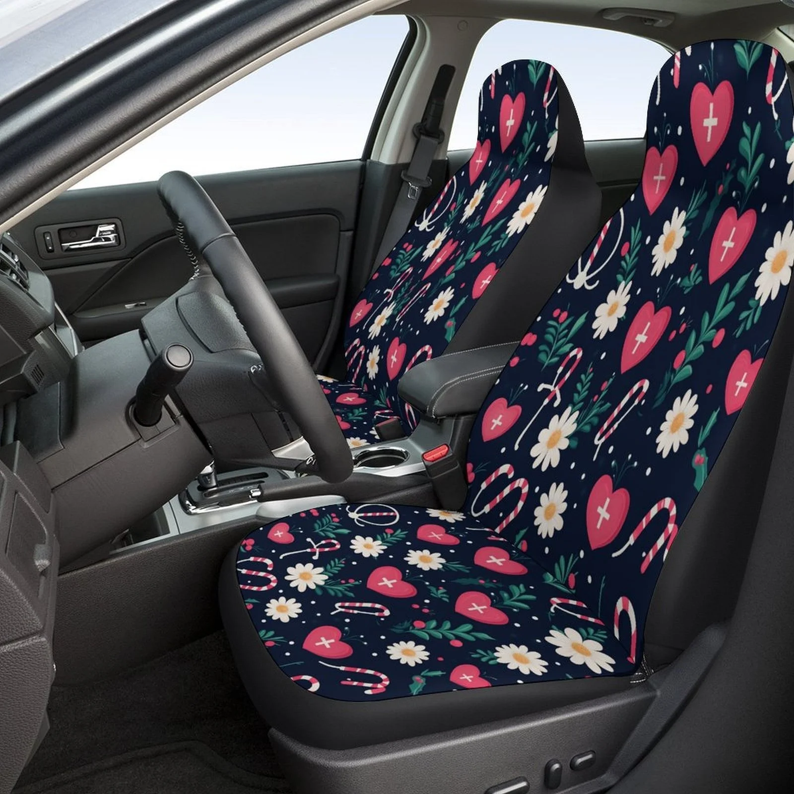 Christmas Hearts Flowers Candy Canes Themed Car Seat Cover Set | Trendy High-quality Polyester Universal Fit Car Seat Protector