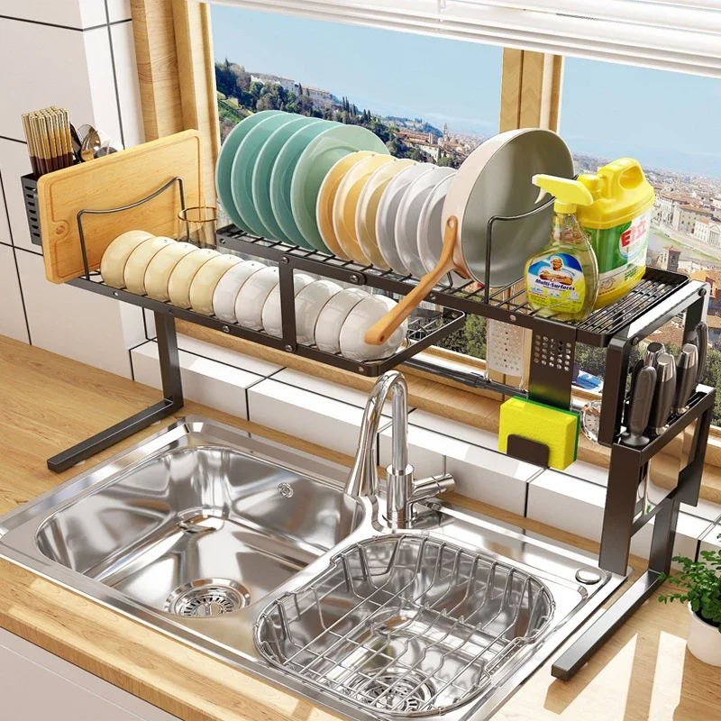 Double metal shelf above the sink dish drying racks with kitchen utensil drainer Storage Rack