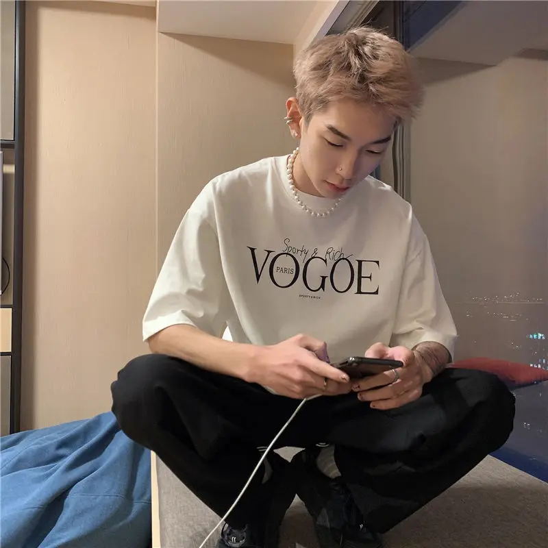 

Pure cotton summer literary style letter casual T-shirt couple ins simple round neck short sleeve men's loose half sleeve tops