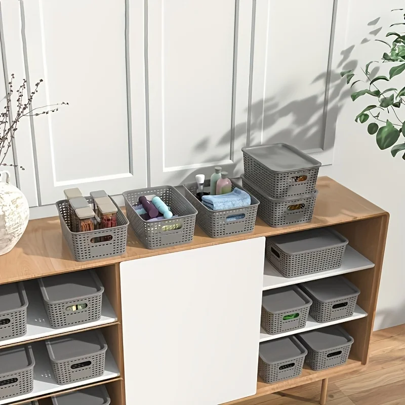 سلال تخزين بلاستيكية حديثة مع غطاء مكدس، متعددة الأغراض لحاوية تنظيم المكتب وغرفة النوم والفصول الدراسية