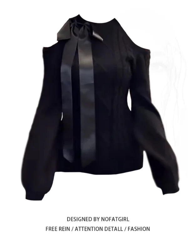 

plus Size Knot oulder Bared Knitwear Women's Autumn Winter Bla Slim Fit High End Feeling Very Attractive Base S...