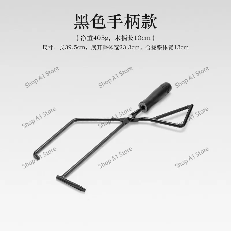 Spring Hammer Head Charcoal Tongs, Beech Wood Handle, Camping BBQ Fire Tongs for Charcoal Handling