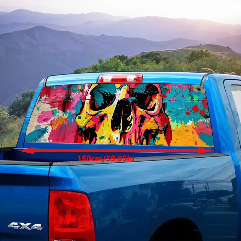 Colorful Splattered Skull Head Car Rear Windshield Sticker Truck Window See Through Perforated Back Window Vinyl Decal Decor