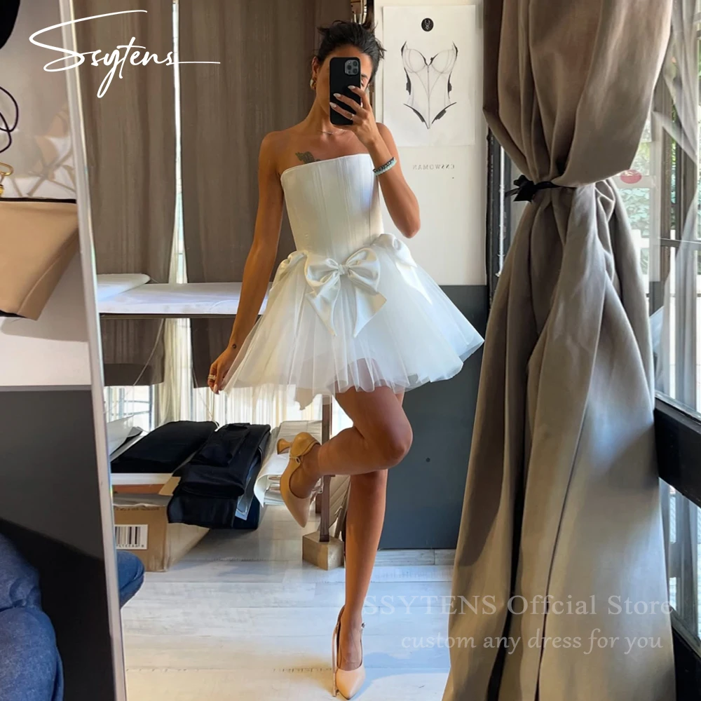 SSYTENS Mini Wedding Dresses for Women Strapless Short A Line Robe De Mariée White Satin Bow Puffy Vestido Para Mujer Customized