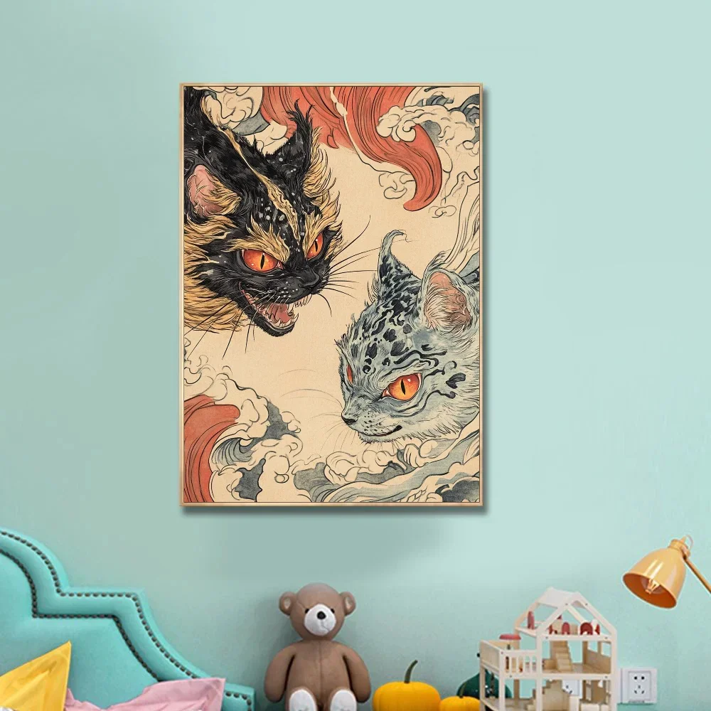 1PCJapanese Horror Legend Scary Cat Poster Poster Stickers Art Wall Murals Decor Game Room Decor Kawaii HD Painting Cat Cars