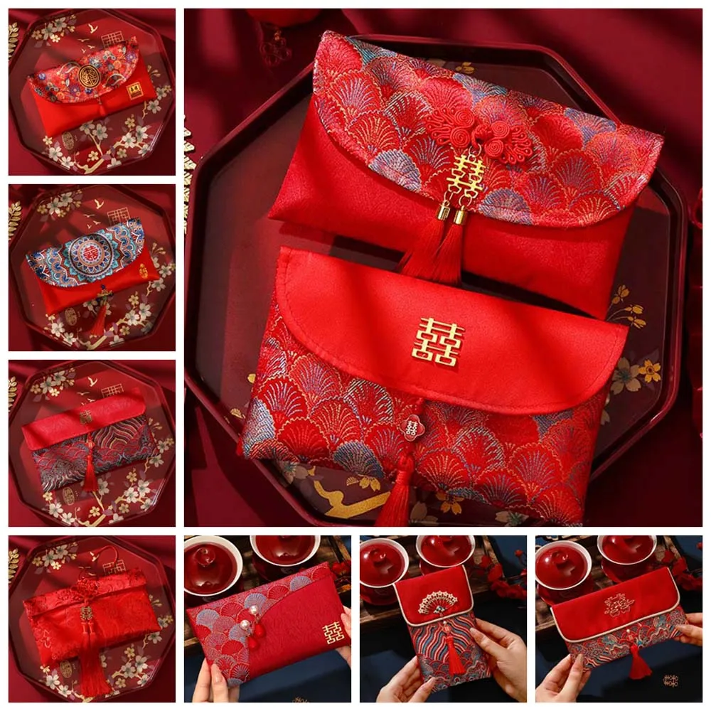 New Year Blessing Words Brocade Red Envelope Brocade Cloth Tassel Embroidery 2025 Money Pocket HongBao Spring Festival