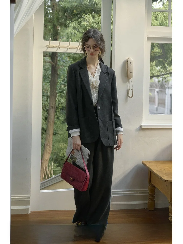 

SimpleRetro женский костюм в стиле ретро, комплект против морщин, без глажки, с подкладкой на плечах, осенне-зимние длинные брюки, тюнетный наряд