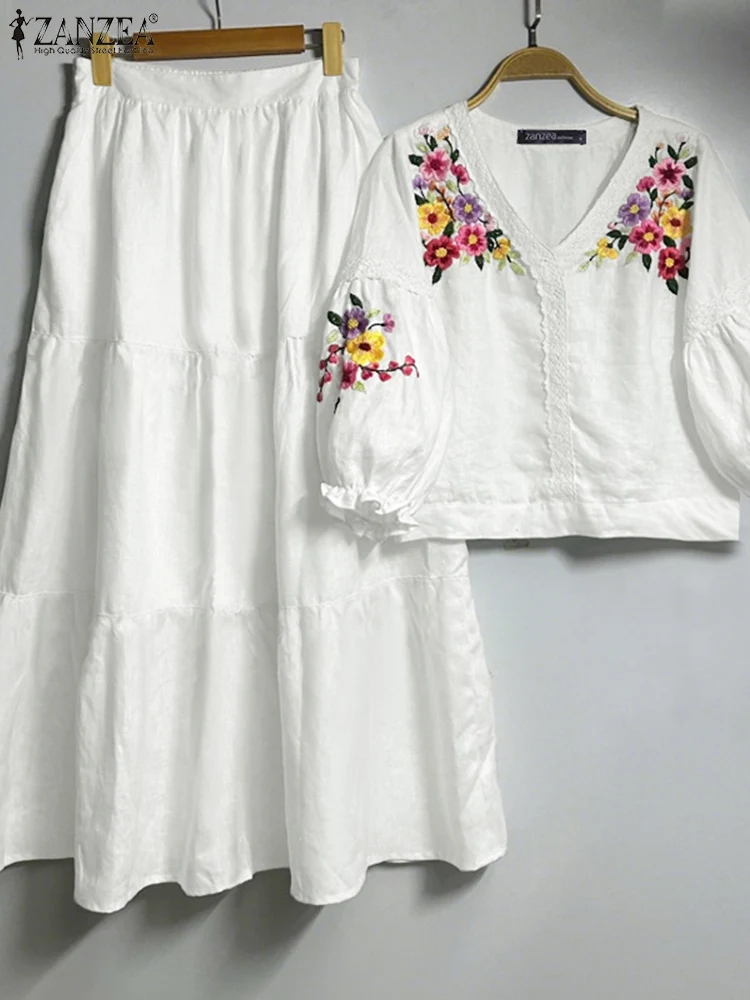 

Плюс размер 5XL ZANZEA Осенние женские комплекты платьев 2025 Модные топы с v-образным вырезом и цветочным принтом и макси-юбки с эластичной резинкой на талии Повседневные 2 шт.