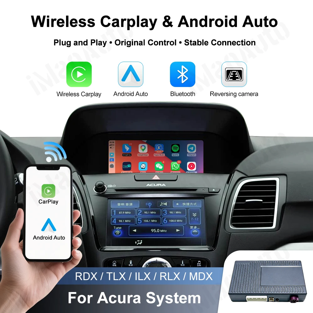 Wireless CarPlay Android Auto For Dual Screen Acura TLX TLX-L MDX RDX RLX ILX 2014-2019 With Navigation Airplay BT GPS Function