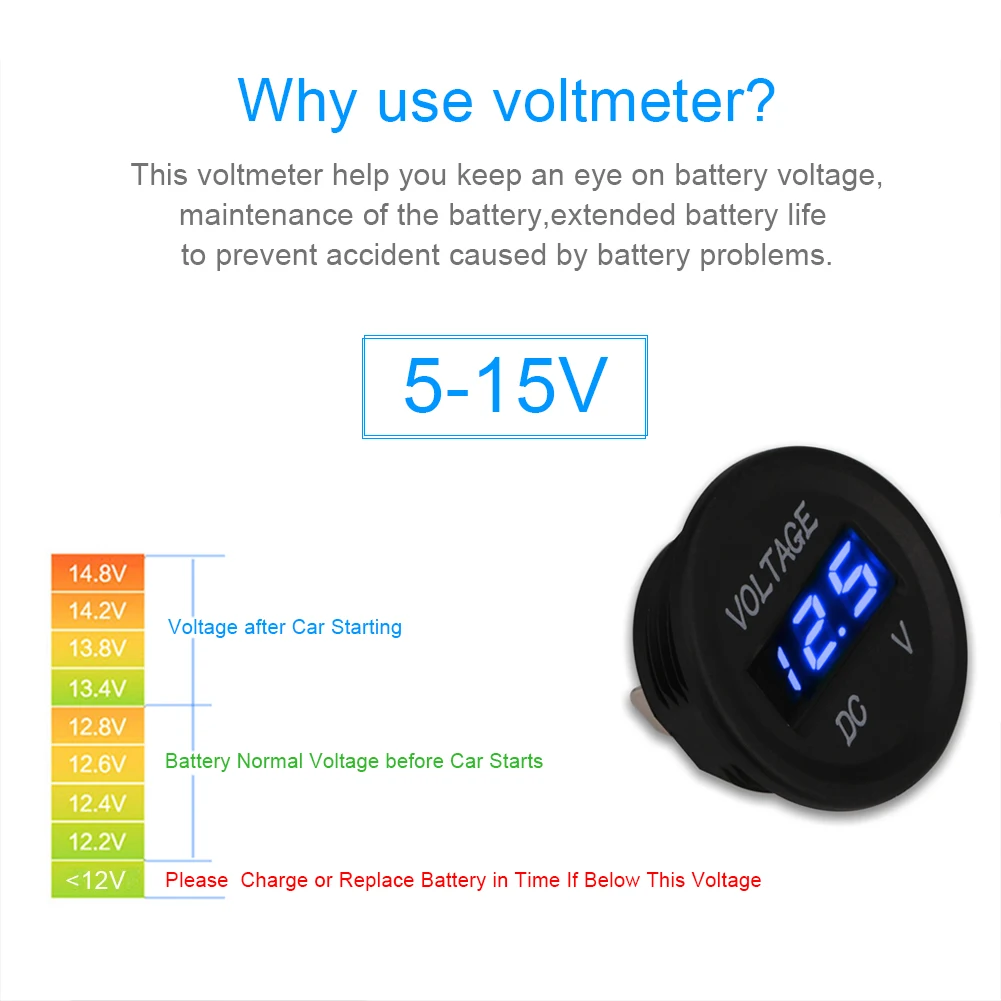 Voltmetro digitale DC 12V-24V per veicoli voltmetro universale impermeabile per moto con Display rosso blu verde