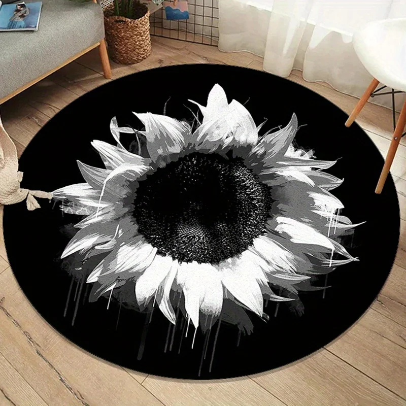 

1pc White Sunflower Print Round Rug - Non-slip Polyester Floor Mat for Bedroom, Living Room Decoration, Crystal Velvet