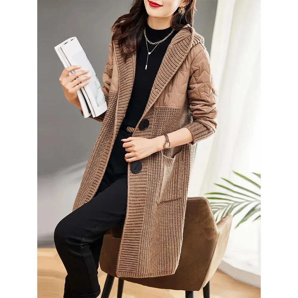 Women Long Hooded Knitted Jacket Autumn Winter Thicken Quilted Warm Sweater Cardigan Coat Ladies Korean Loose Wool Knitting Tops