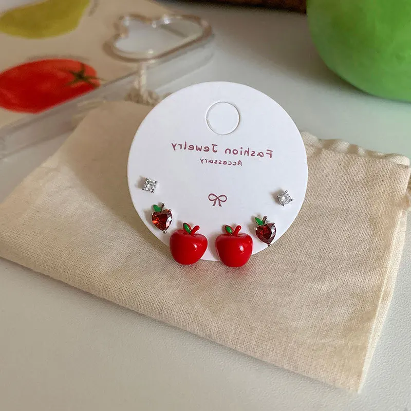 مينار لطيف جميل 3 زوج/مجموعة المينا الحمراء تشيكوسلوفاكيا مكعب زركونيا القلب التفاح محاكاة الفاكهة وأقراط للنساء مجوهرات عادية #5