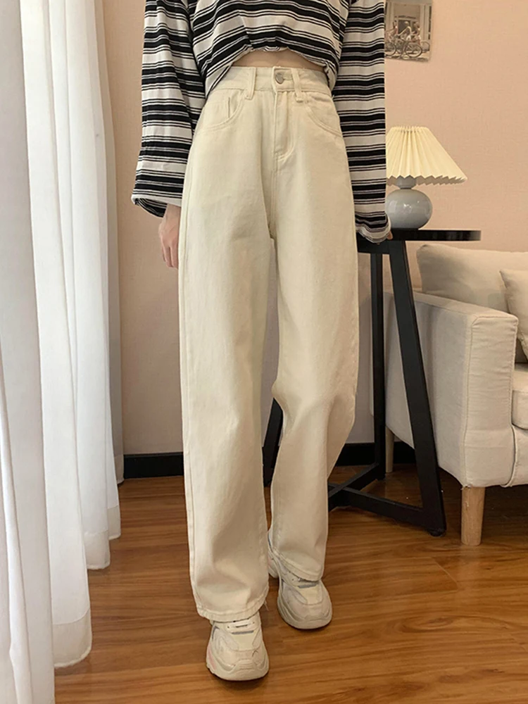 High Waist Loose Fit White Jeans Women's Spring Autumn New Style Straight Leg Pants Large Size Wide Leg Student Fashion