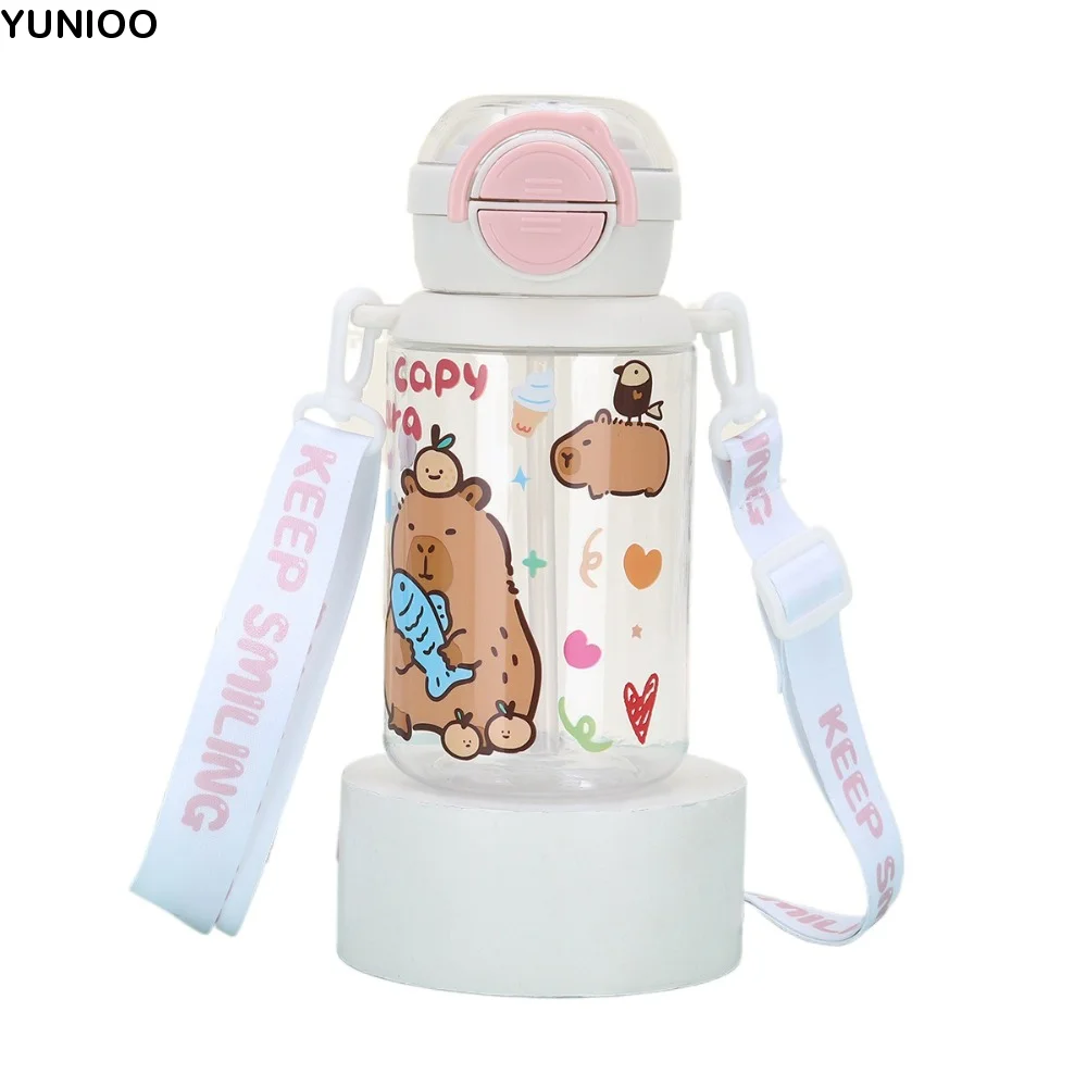 

500ml Capybara Water Bottles Cute Cartoon Transparent Plastic Cup with Shoulder Strap Straw Cup Capybara Drinking Bottle Summer