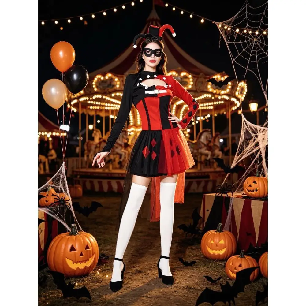 Disfraz de Bufón Malvado para Mujer, Vestido de Manga Larga, Disfraz de Payaso para Carnaval, Circo, Fiesta Temática, Cosplay, Uniforme de Halloween