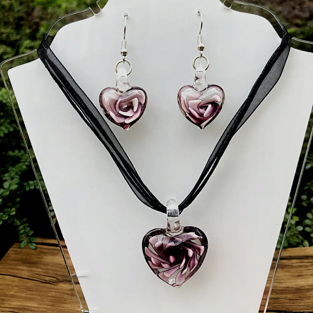 6 Sets Fashion Able Purple Flower Glass Mura Heart-Shaped Pendant Necklace for Women's