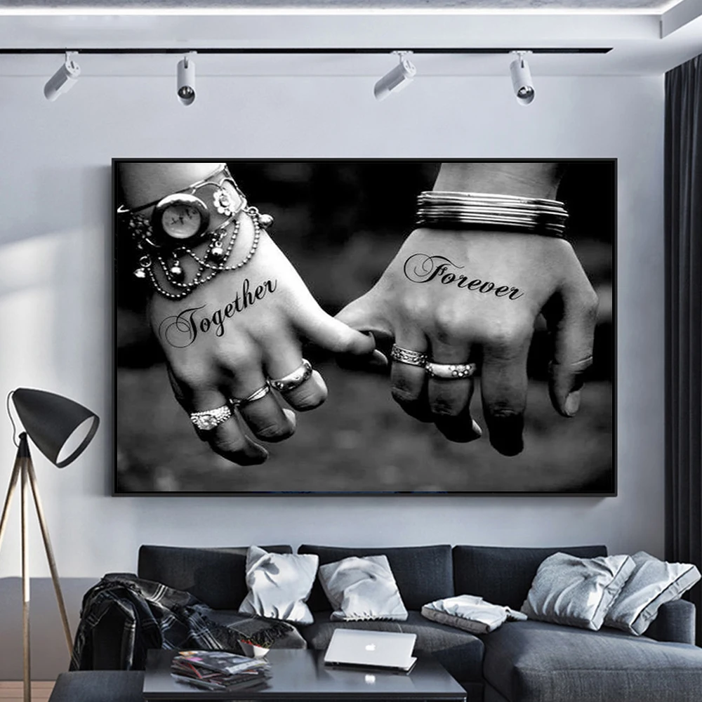 Nordic Lovers Holding Hands Canvas Painting Wall Art Black And White Art Together Forever Romantic Words Poster Prints Decor