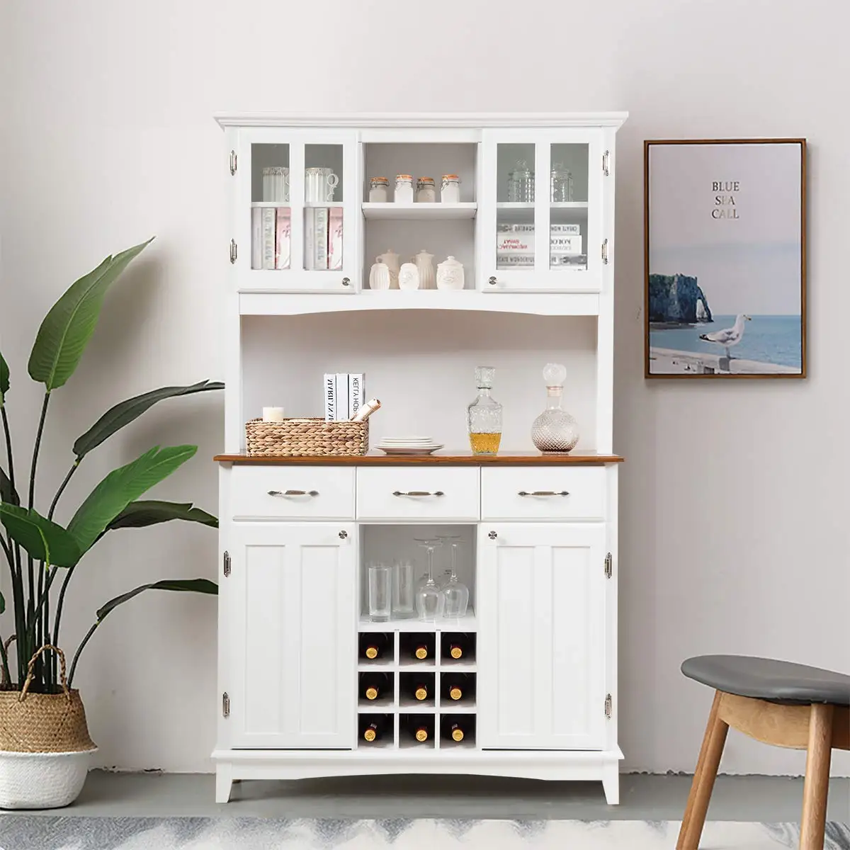 Kitchen Buffet Cabinet With 3 Drawers & 9 Wine Bottle Storage, Wood Sideboard Server Island, White, Customized
