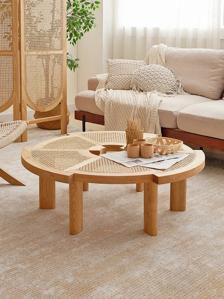 round solid wood gear special-shaped light luxury household tea table, living room, rattan weaving small house