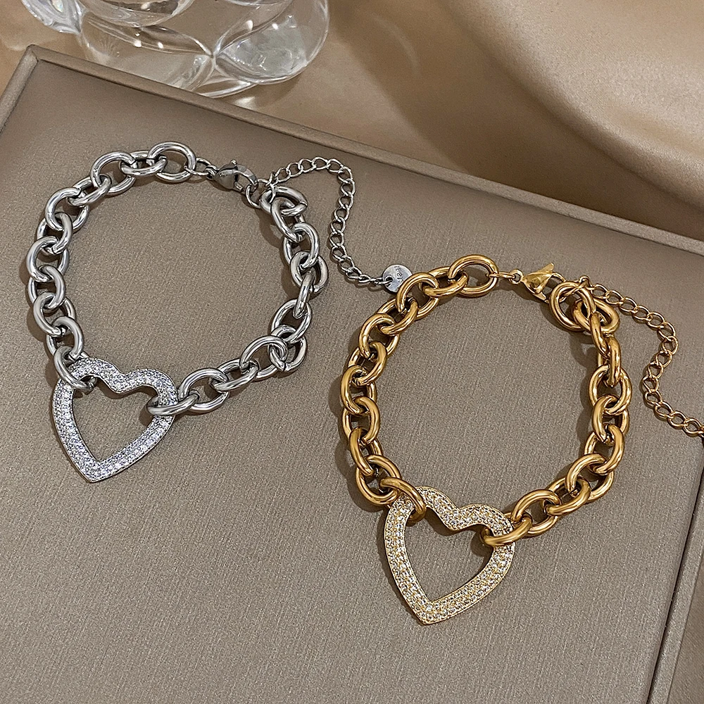 Punk Chunky Gold Color Thick Chain Stainless Steel Bracelets for Women Fashion Big Rhinestone Heart Love Pendant Wrist Jewelry
