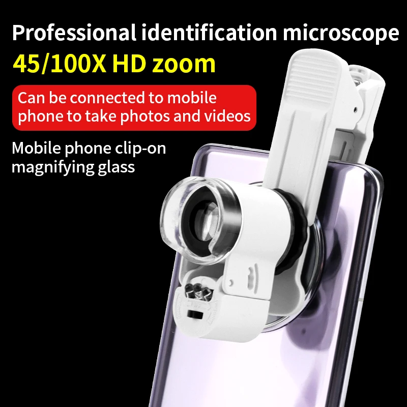 Imagem -02 - Luxianzi-lupa com Luz Led uv 50x Microscópio Zoom Clipe do Telefone Móvel Focando Bolso Ajustado Lupa Universal