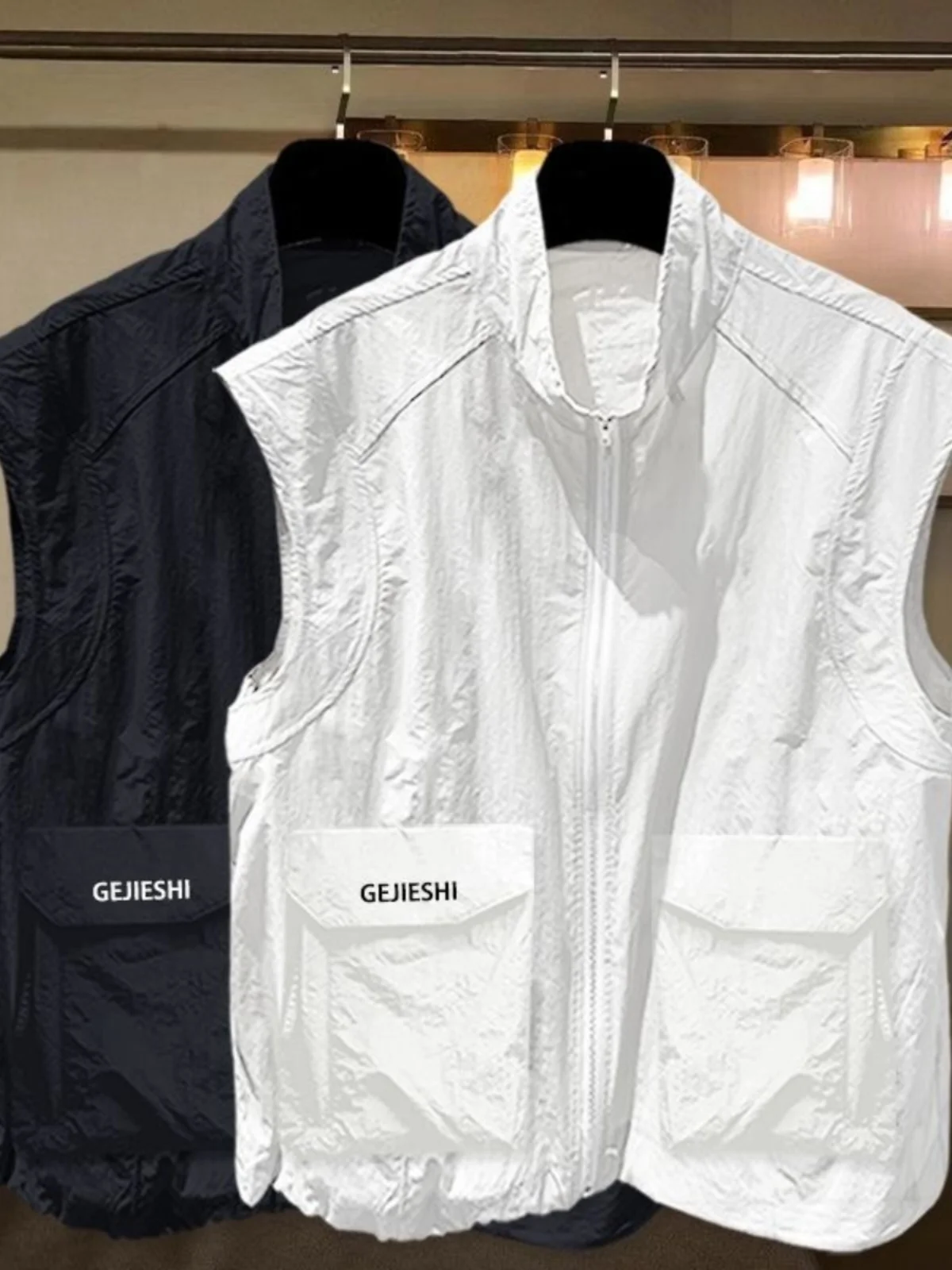 

Мужской летний уличный тонкий жилет из ледяного шелка, дышащий воротник-стойка, тихой, защита от солнца, модный городской жилет