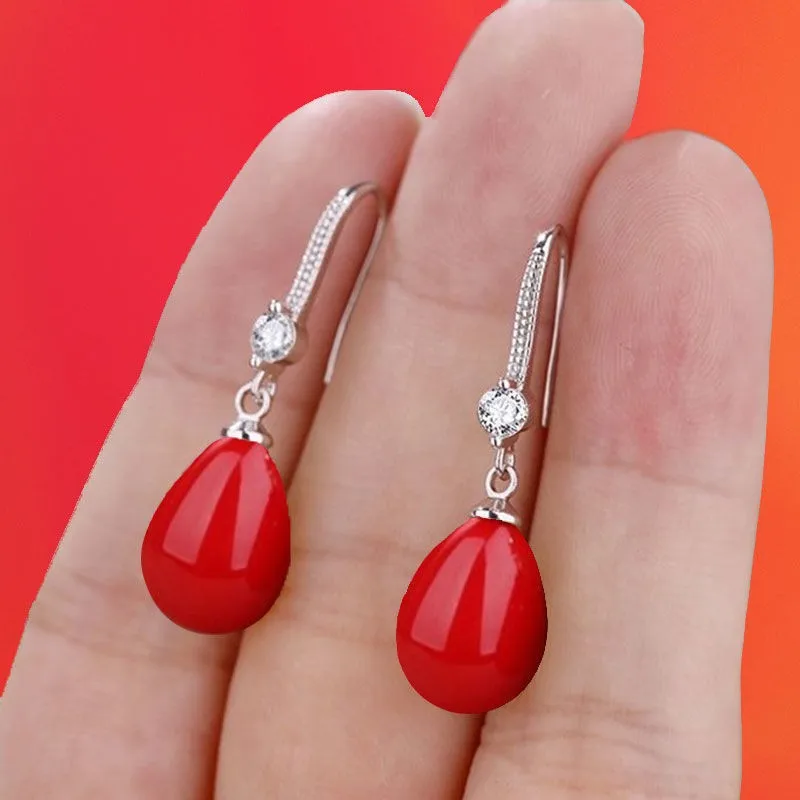 Pendientes colgantes de perlas de imitación de agua para mujer, aretes redondos brillantes, Color plateado, rojo y verde, regalo de joyería 2023