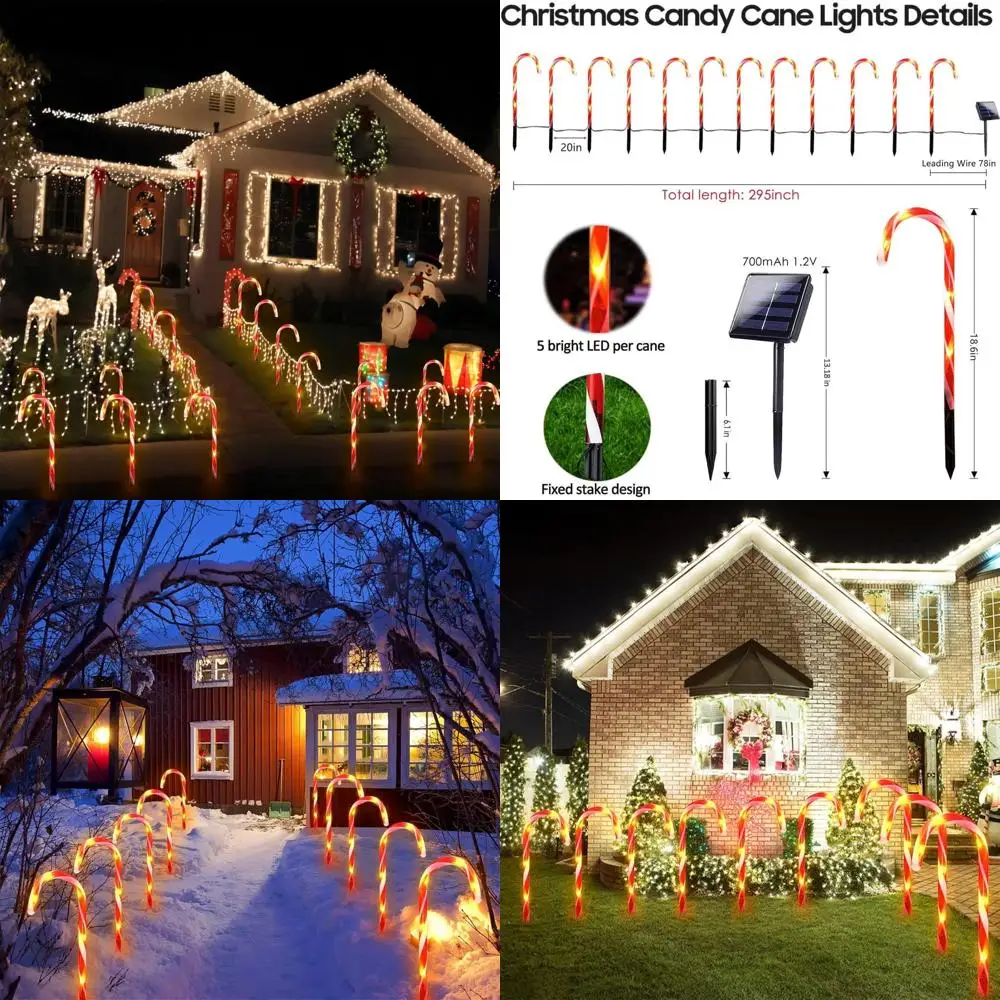 24 قطعة من مصابيح قصب الحلوى الشمسية، زينة عيد الميلاد الخارجية المقاومة للماء مع 8 أوضاع إضاءة، مثالية للحديقة والحديقة والبا #1