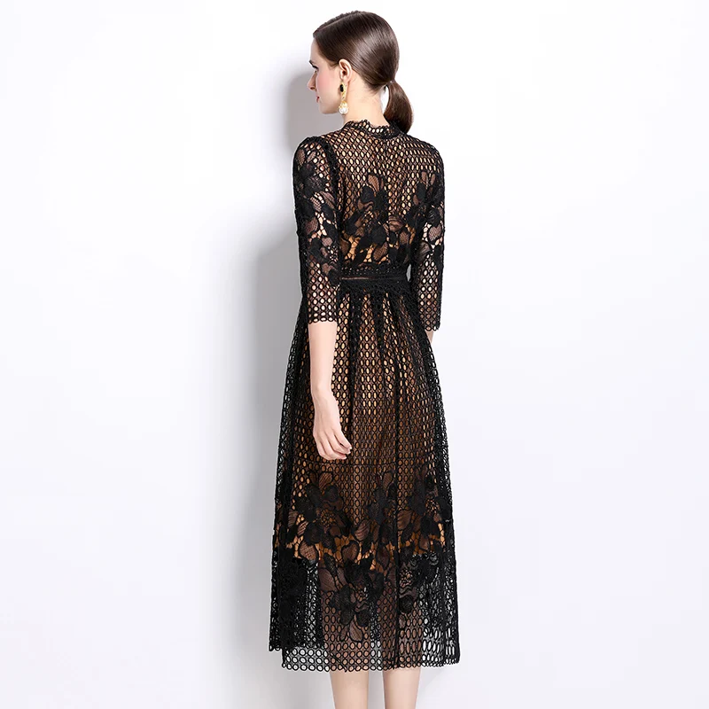 Autumn New Fashion Luxury Women Dress Elegant Slim O-Neck 2/3 Sleeved Hollow Out Lace Dress Vintage Party Dresses