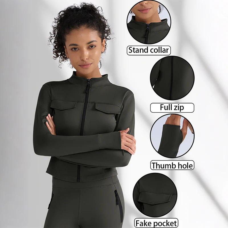 

Women's Faux Pocket Design Sports Jacket with Thumb Holes Full-Zip Solid Color Yoga Coat Stretch Slim Fintness Top Gym Wear