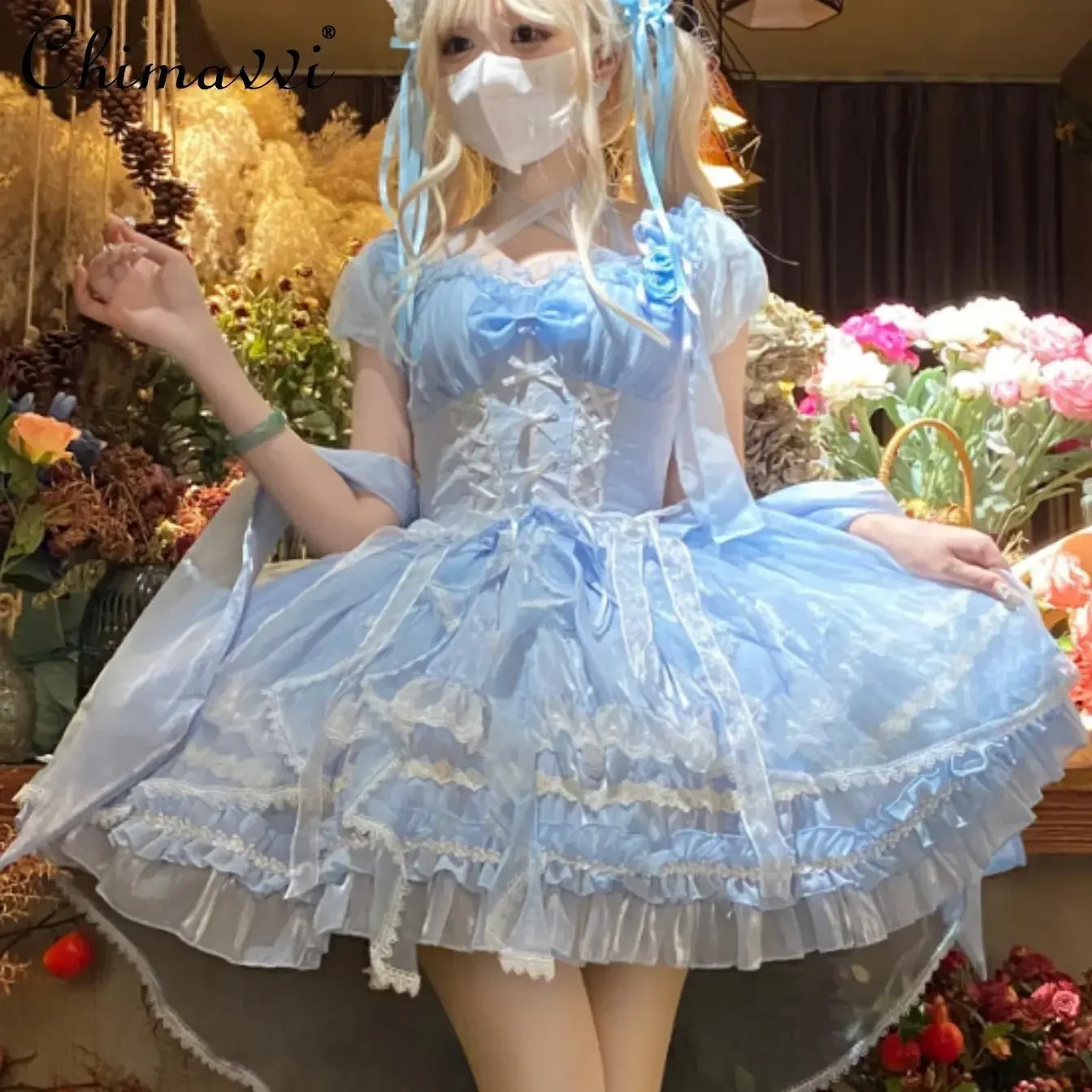 

Lolita Cute Girl Princess Dress 2025 Spring and Summer New Sweet Lace Stitching High Waist Slim-fit Elegant Girl Party Dress