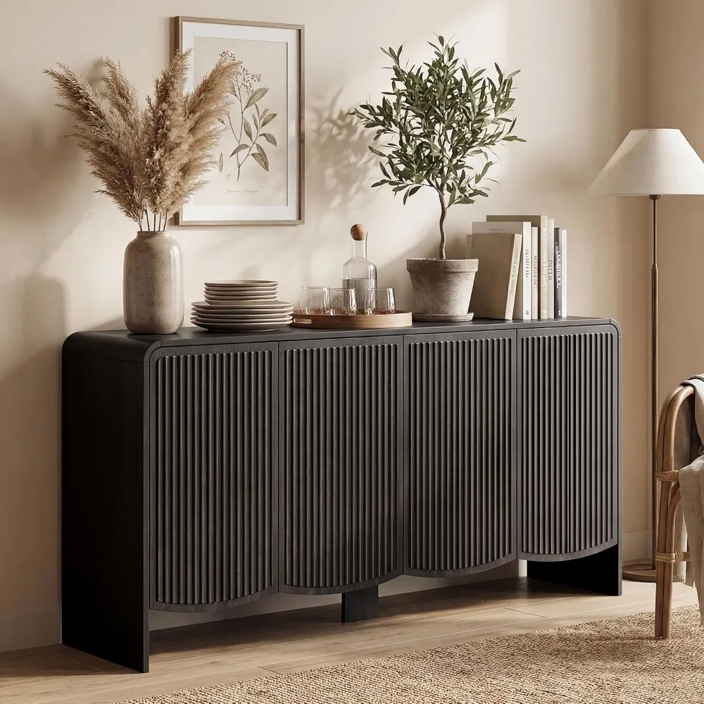 Fluted Sideboard Buffet Cabinet with Storage,58" Modern Sideboard Cabinet with Curved Design & Adjustable, Customized