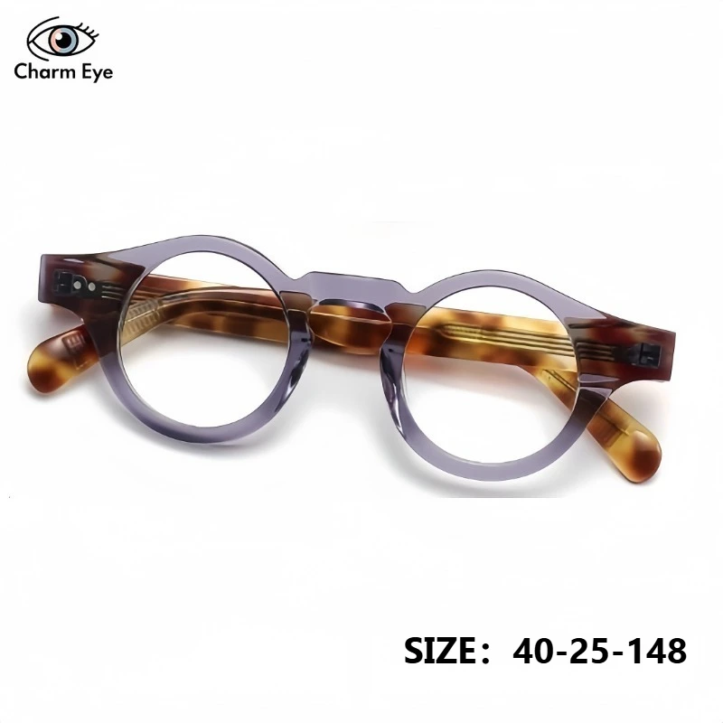 男性用メガネ-高品質レトロラウンドアセテート眼鏡フレーム-べっ甲柄-光学近視用読書用女性用ブルーライトカット眼鏡