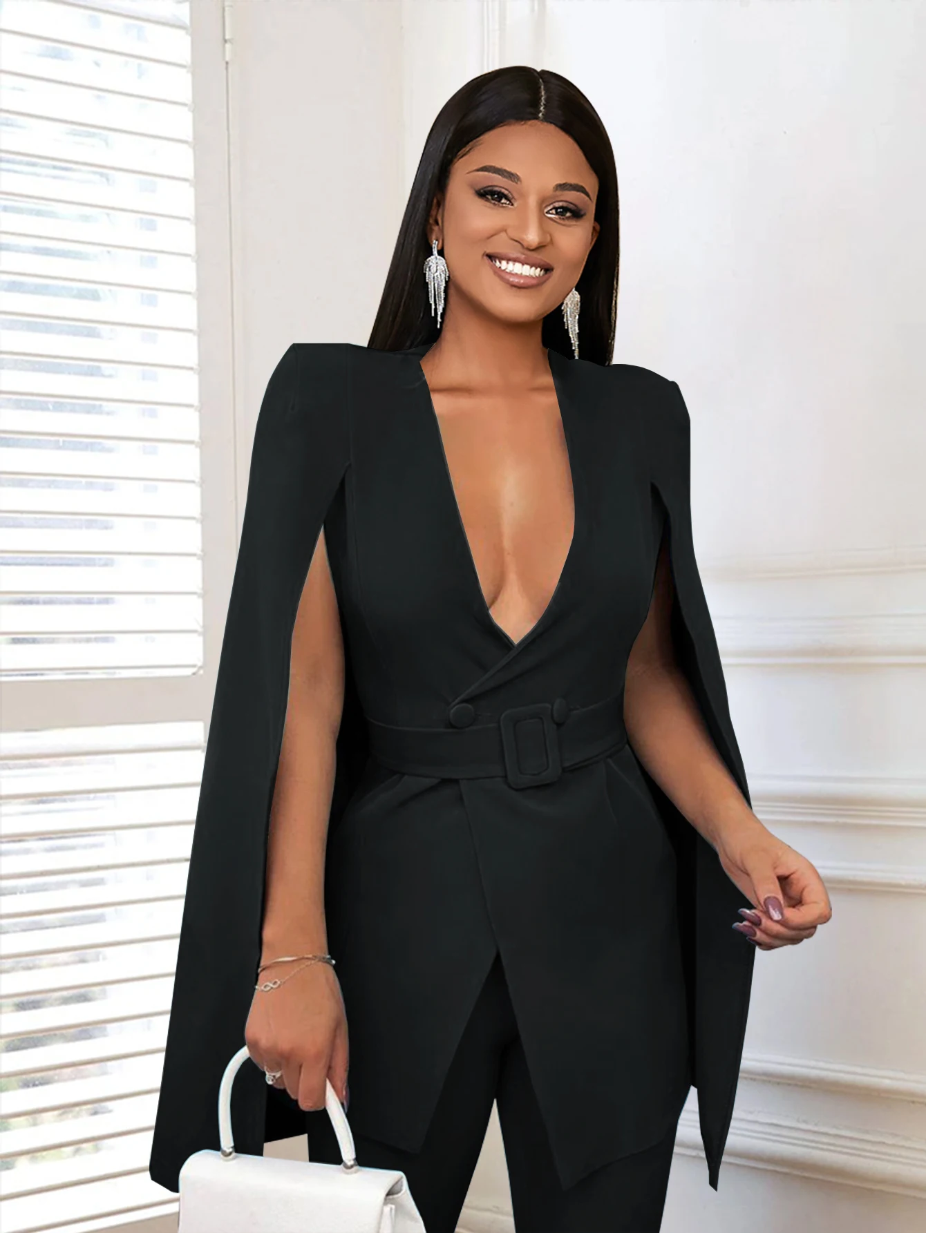 Black Blazers for Women V Neck Cloak Sleeve Slim Fit High Street Birthday Evening Party Jackets with Shoulder Pad Waist Belt