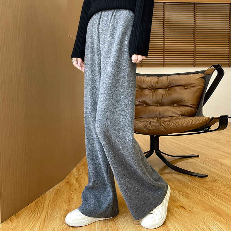 100%Merino Pure Wool Wide Leg Pants Women's AutumnWinter Elastic High Waisted Solid Color Loose And Warm Knit Straight Leg Pants