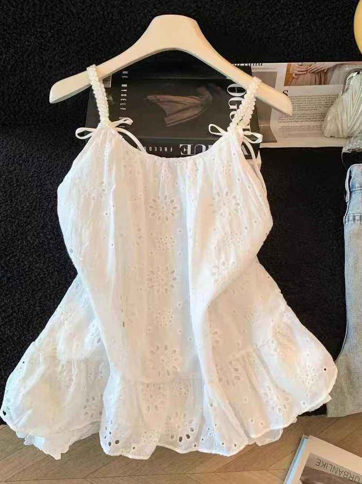 

plus Size Lace Hollow Embroidery Sleeveless Strap Vest Dress Women Summer Design Backless Top Breathable Loose Fit Polyester