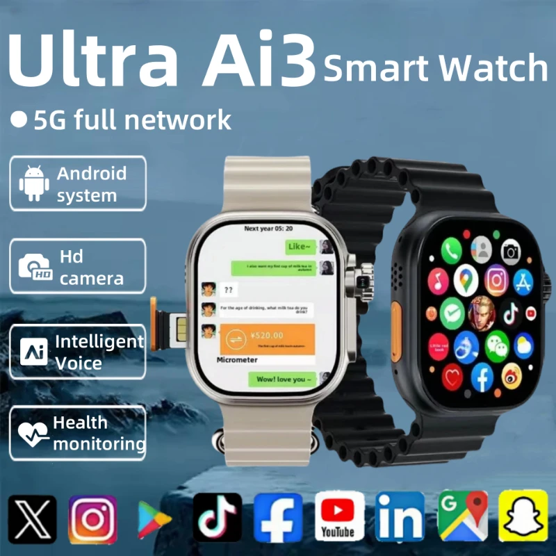 

Смарт-часы 4G Android, 2,2-дюймовый AMOLED-экран 448*528, 32 + 256 ГБ, SIM-карта, интеллектуальный мониторинг здоровья AI 180 ° вращающаяся камера