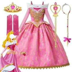 Sleeping Beauty Costume for Girls Pink Dress Long Sleeves Off Shoulder Gown Kids Halloween Xmas Party Cosplay Princess Costume