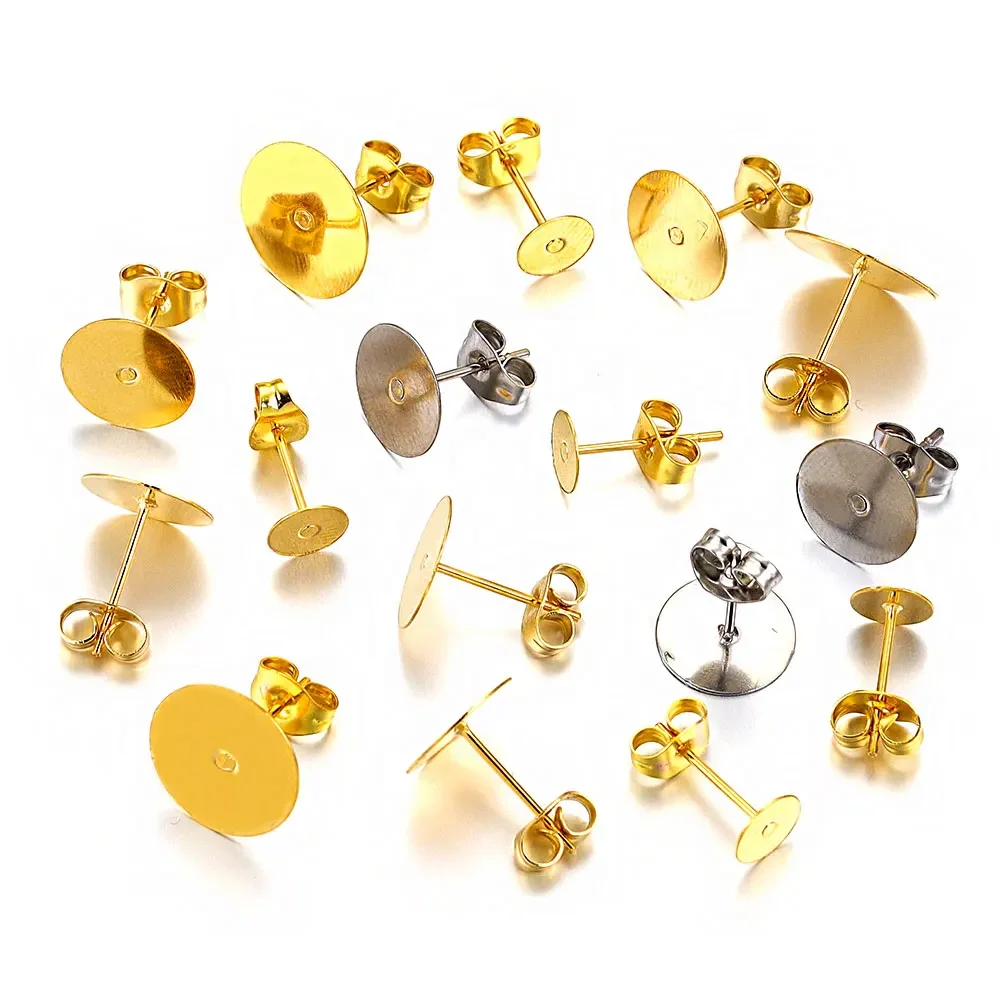 50pcs Stainless Steel Gold Plated Flat Ear Post Stud Earrings Blank Base Pins for DIY Craft Jewelry Making Supplies Materials