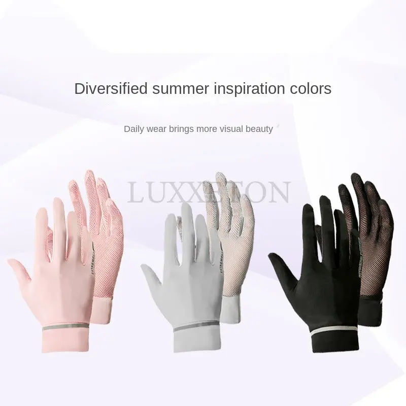 

Summer Women UV Sunscreen Sun Glove Thin Ice Silk Lace Palm Mesh Non Slip Exposed Finger Touch Screen Viscose Driving Mitten