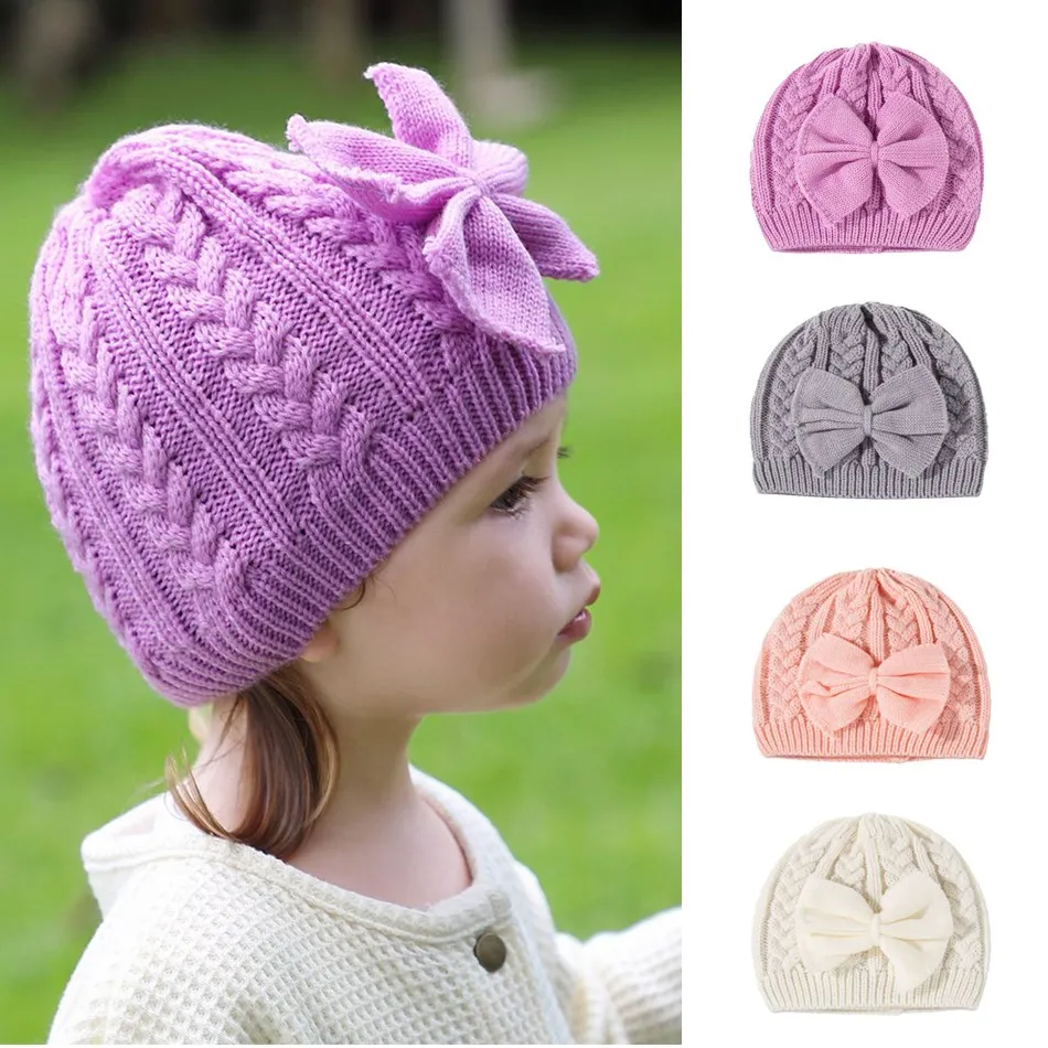 0-3 Years Kids Hats Caps Newborn Autumn and Winter Warm Knitted Hat Baby Boy Baby Girl Solid Color Dome Bowknot Acrylic Hat